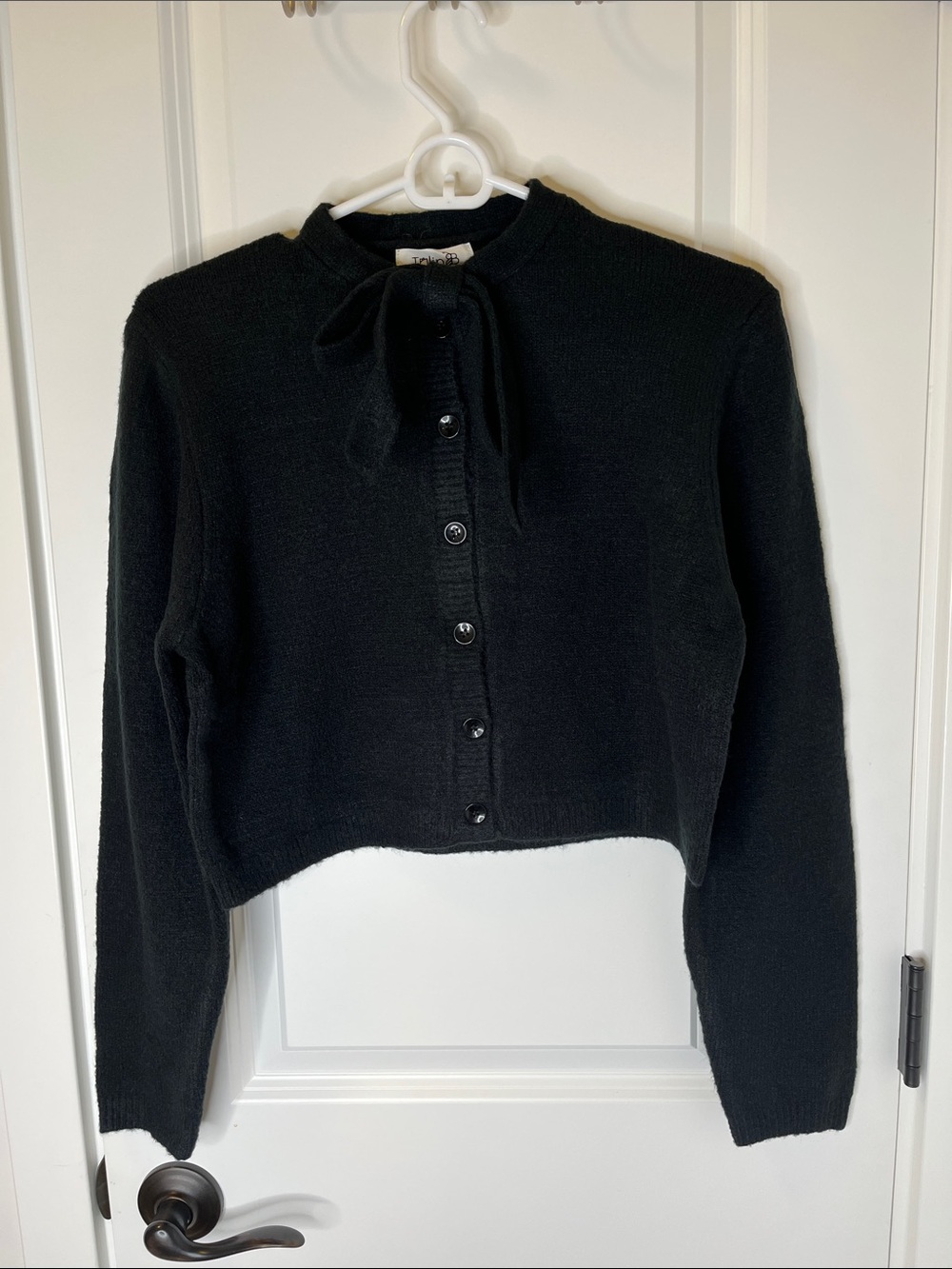 Women's Black Tie-Neck Button-Up Cardigan Sweater
